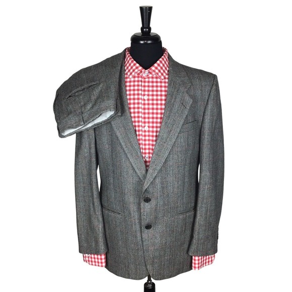 VTG Cartier Mens Gray/Red Wool 42R ? Two Piece Suit Pleated Pants 34x29.5 FLAWS